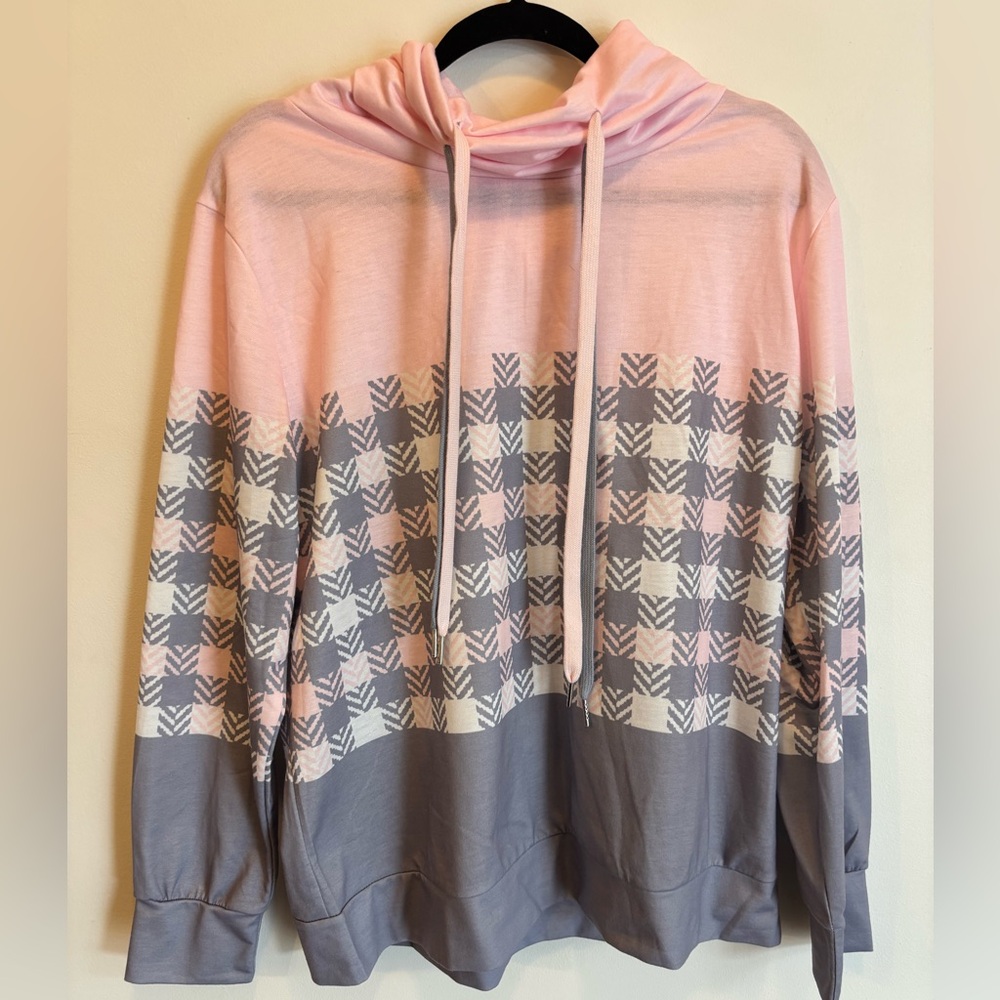 PINK AND GRAY COWL NECK CHECKERED HOODIE